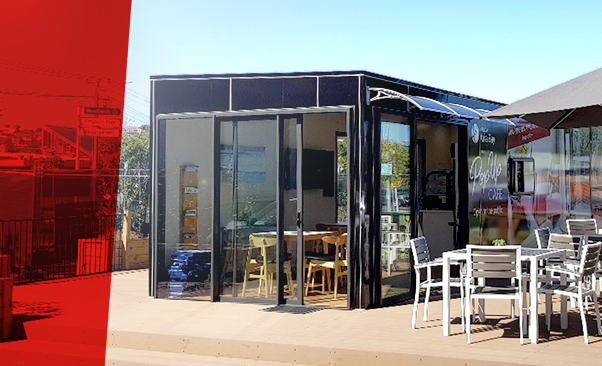 JustSheds 12x3m portable unit “pop-up” Café / Showroom